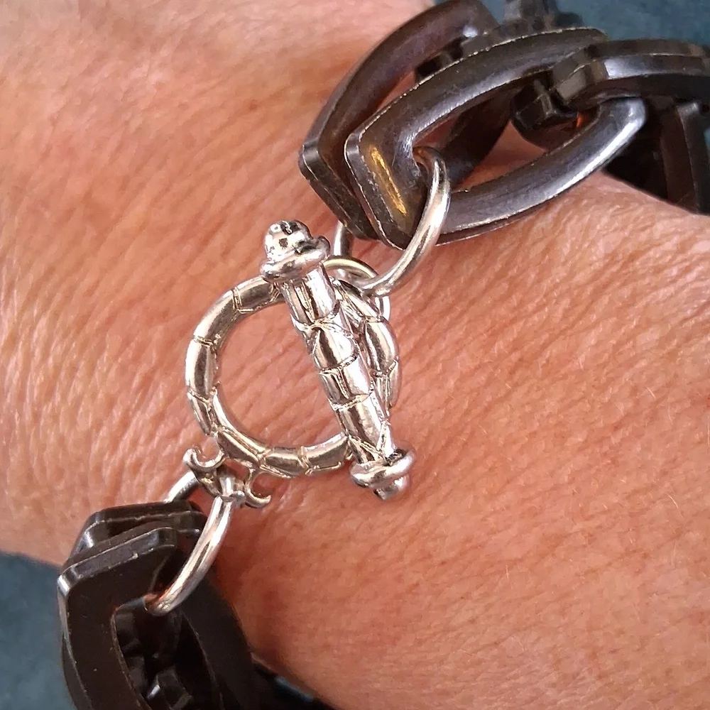 Elegant Brown Tortis Shell Lucite and Silver Chain Bracelet